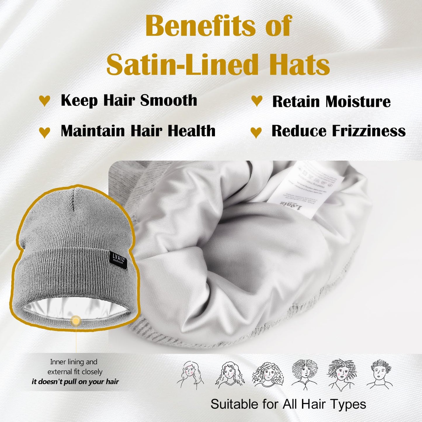 2 Pack Satin Lined Beanie Hats for Men Women Winter Warm Knitted Cuffed Silk Lined Slouchy Skull Cap