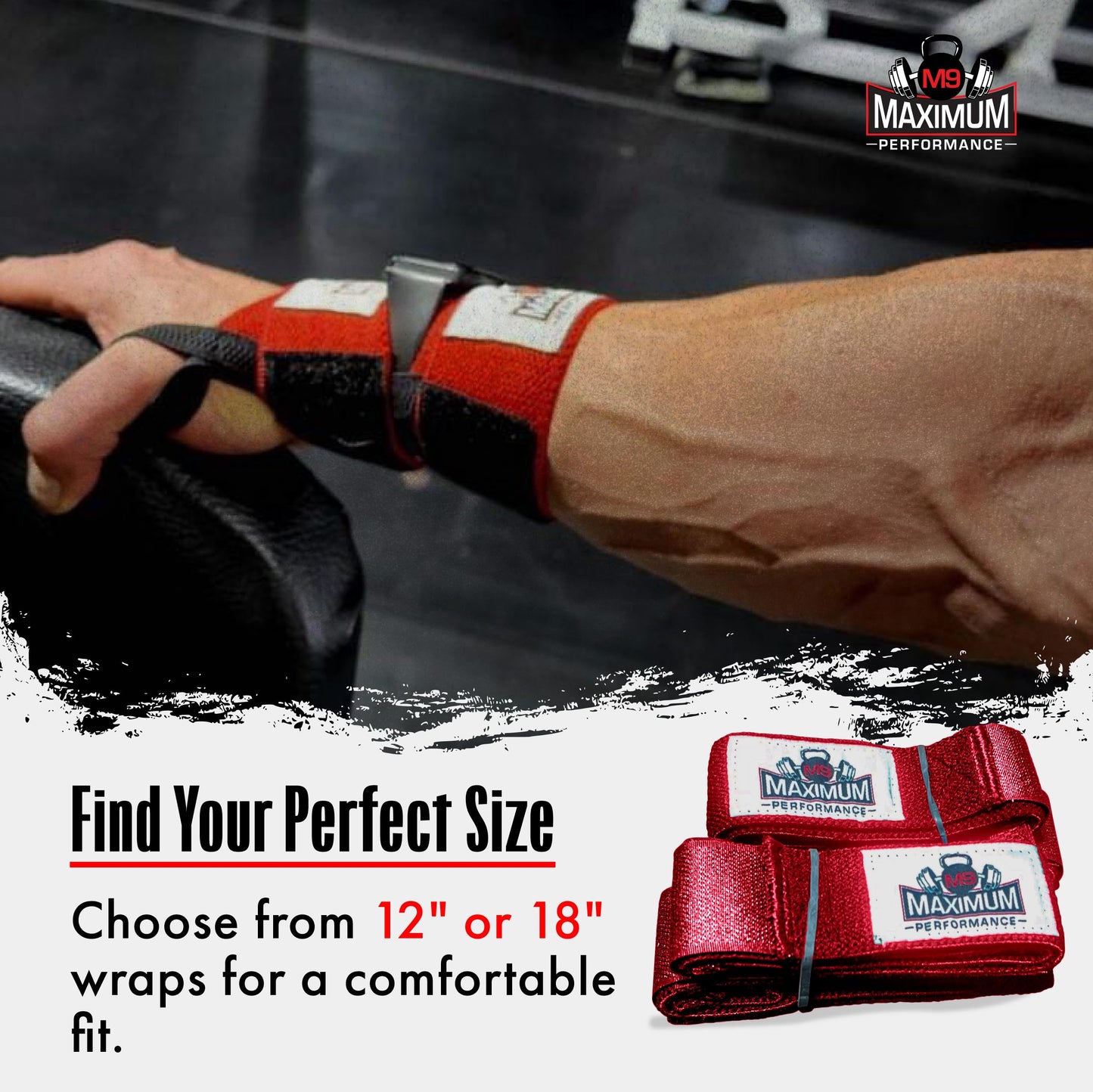 M9 Maximum Performance - Smart Watch Split Wrist Wraps for Men & Women, Wrist Straps for Weightlifting, Crossfit, Strength Training, Bodybuilding, Elastic with Thumb Loop, Gym Accessories, Red 12"