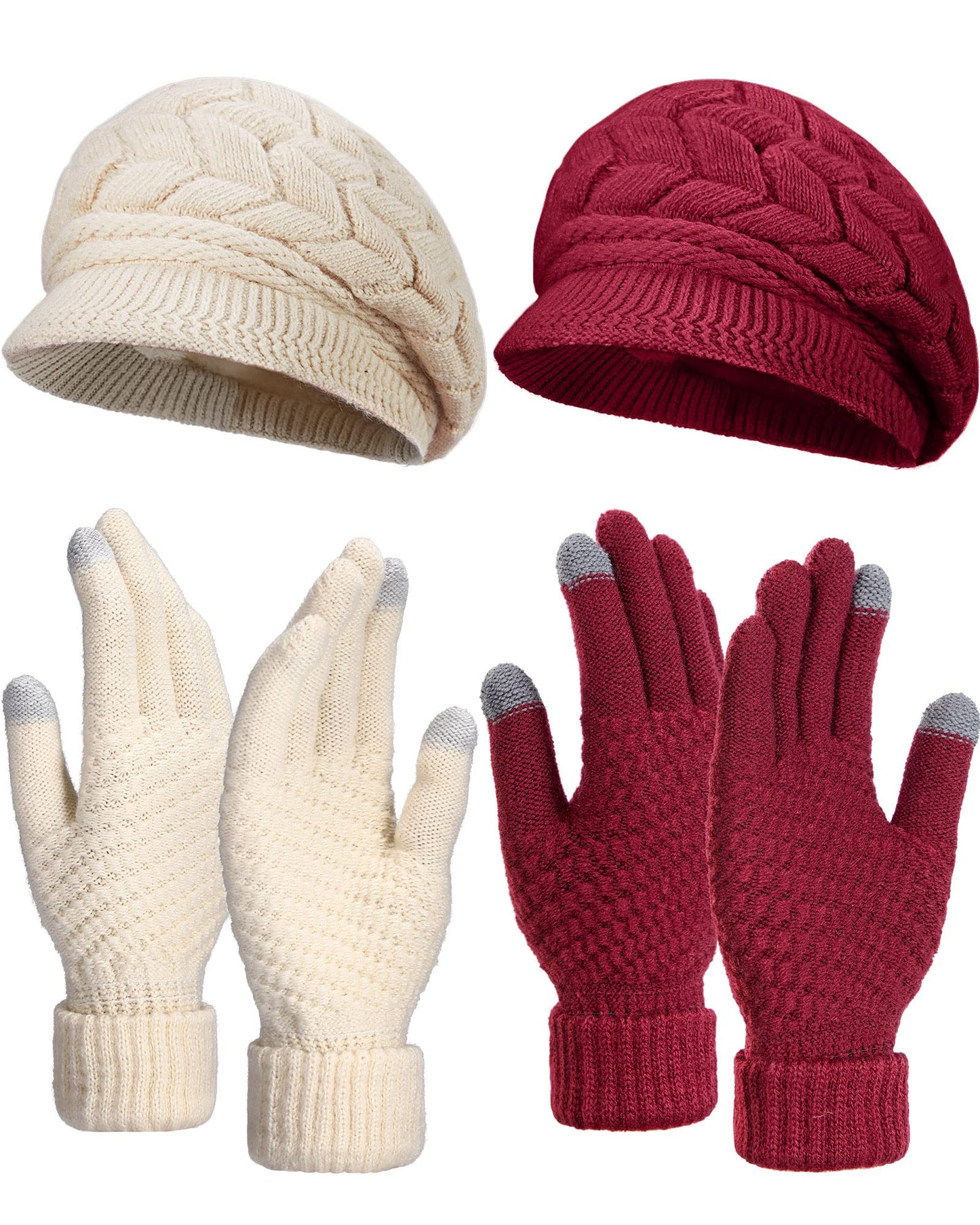 SATINIOR 4 Pieces Winter Hat and Glove Women Set, Warm Knitted Beanie Hat Glove Snow Ski Skull Cap with Visor and Touchscreen Glove (Beige, Purplish Red)