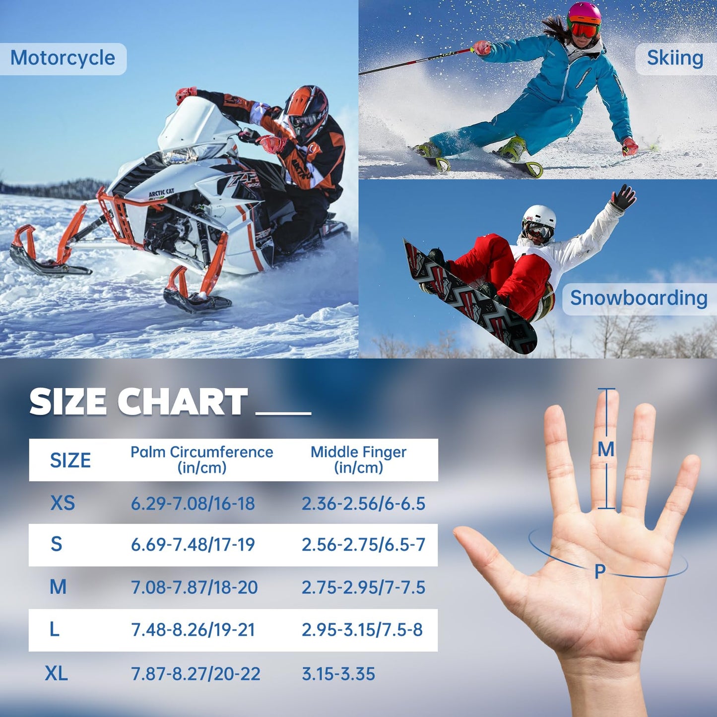 Yidomto Ski Gloves, Waterproof Touchscreen Snow Gloves, Warm Winter Gloves for Cold Weather, Thermal Snowboarding Gloves - for Men Women Kids Boys and Girls (Light Blue-M)