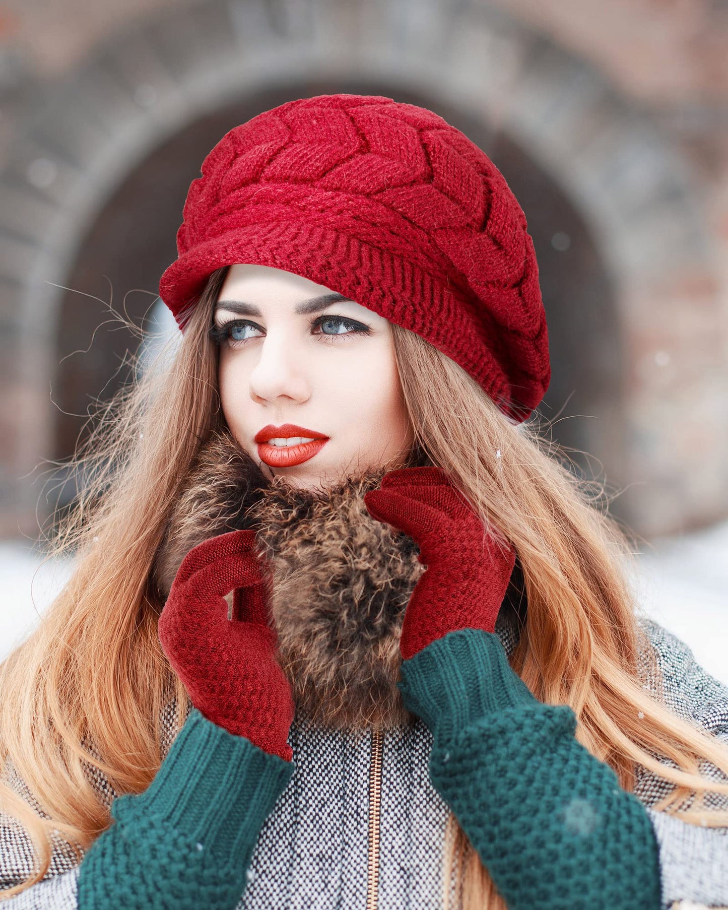 SATINIOR 4 Pieces Winter Hat and Glove Women Set, Warm Knitted Beanie Hat Glove Snow Ski Skull Cap with Visor and Touchscreen Glove (Beige, Purplish Red)