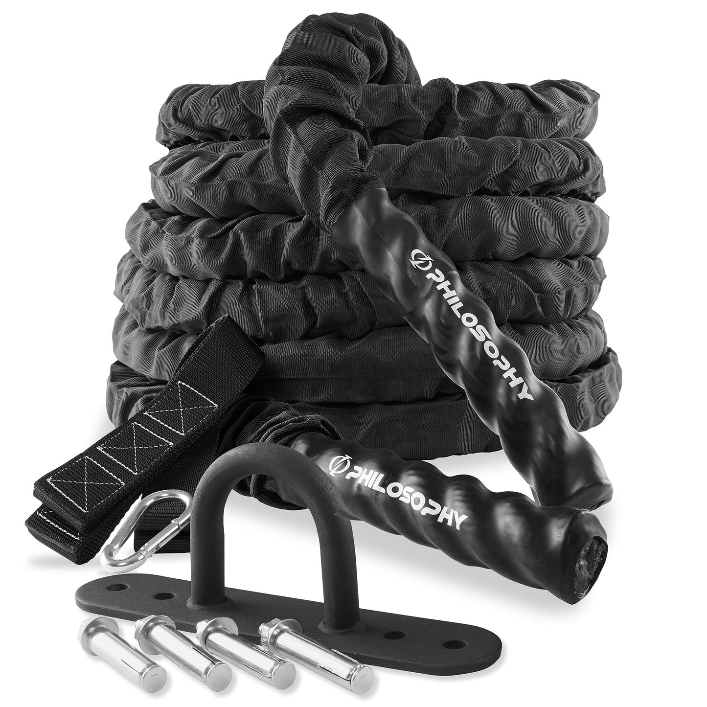 Philosophy Gym 40 Foot Exercise Battle Rope 1.5 Inch Diameter with Cover and Anchor Kit