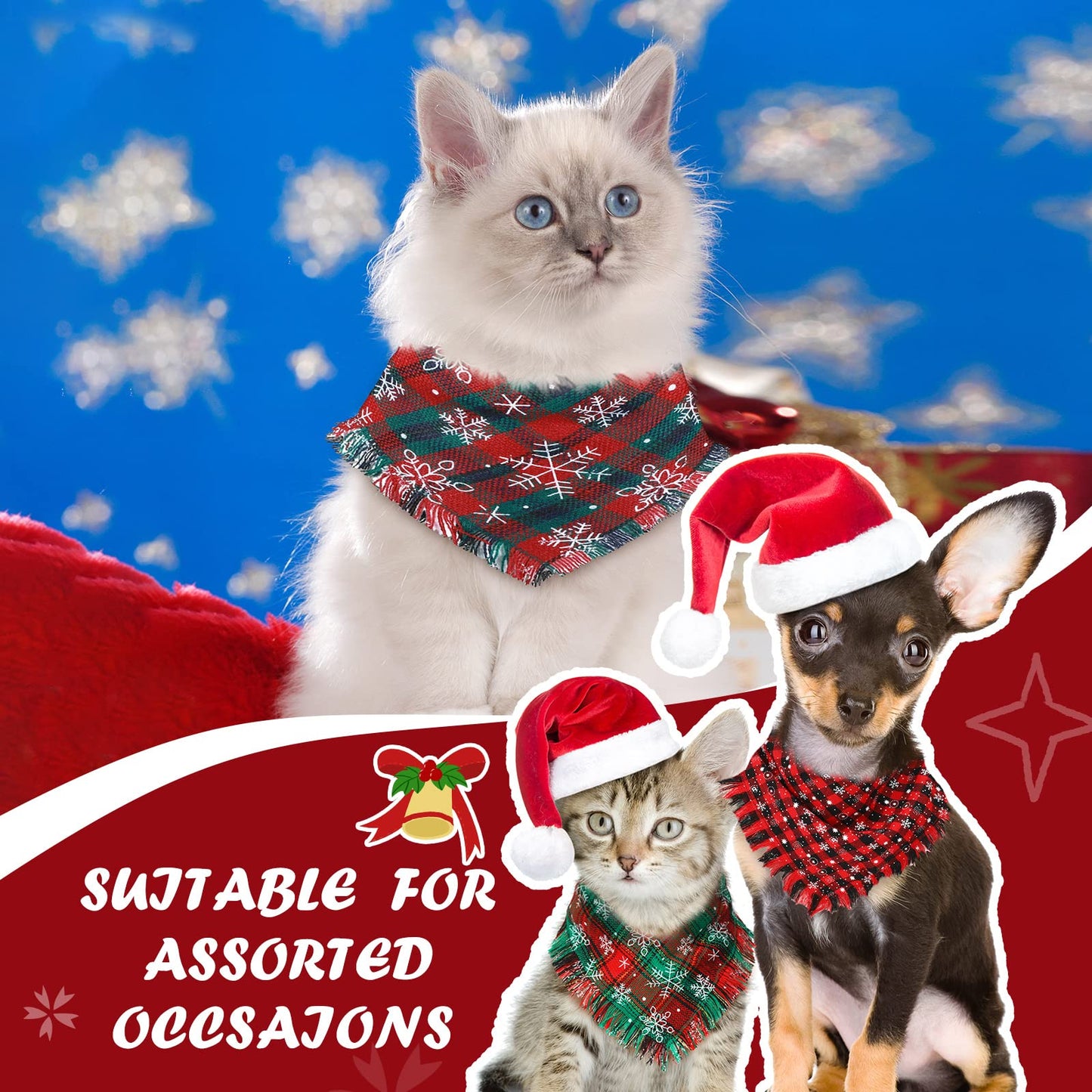 16 Pieces Christmas Dog Bandanas Bulk Classic Plaid Pet Scarf Triangle Puppy Bibs Kerchief Tassels Checked Handkerchief Winter Xmas Grooming Adjustable Accessories for Small Medium Large Dogs Cats