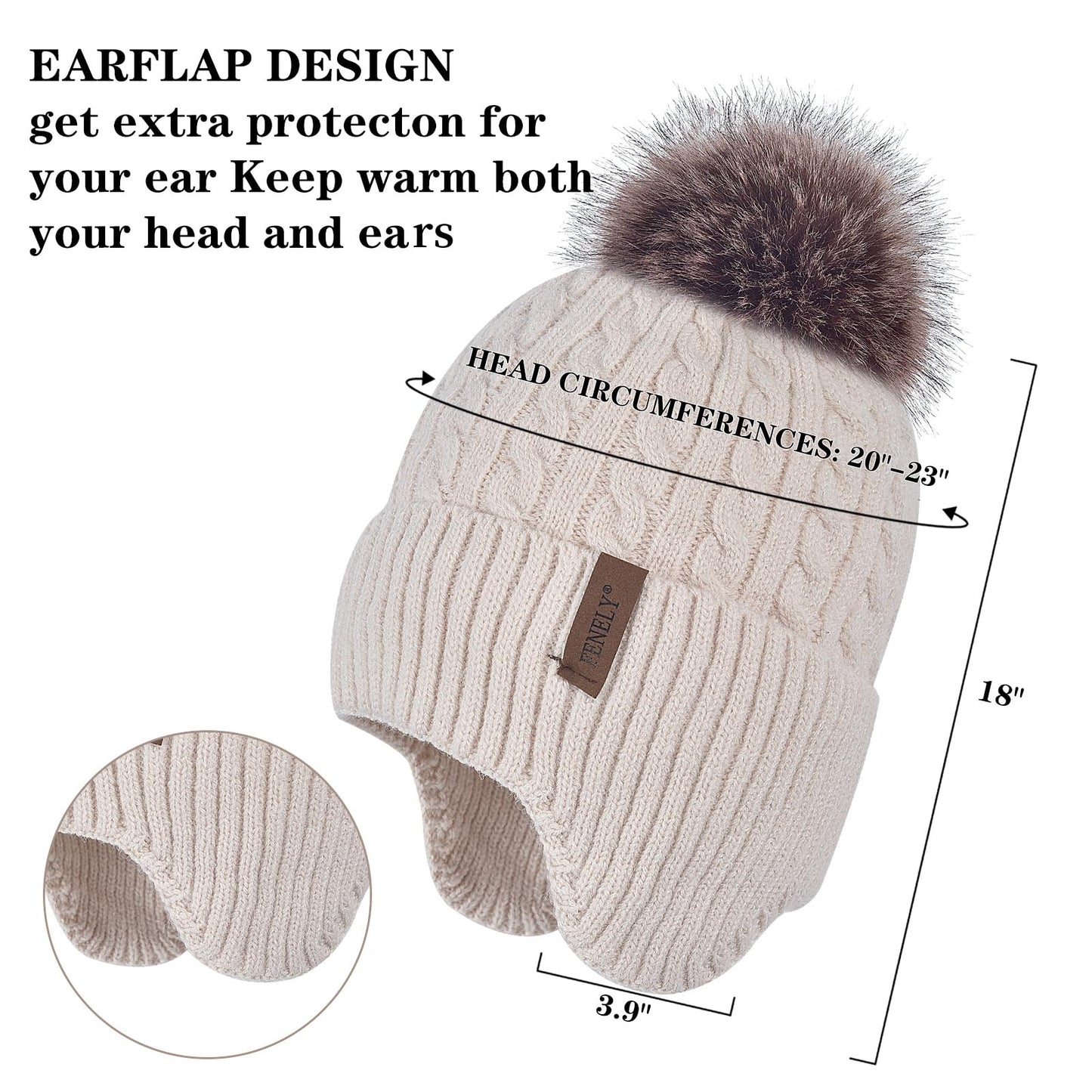Women Winter Beanie Hat Knit Earflap Hats Warm Thick Fleece Lined Soft Skull Cap with Fashion Cute Faux Fur Pom Outdoor Indoor Beige Cold Weather Snow Ski Running