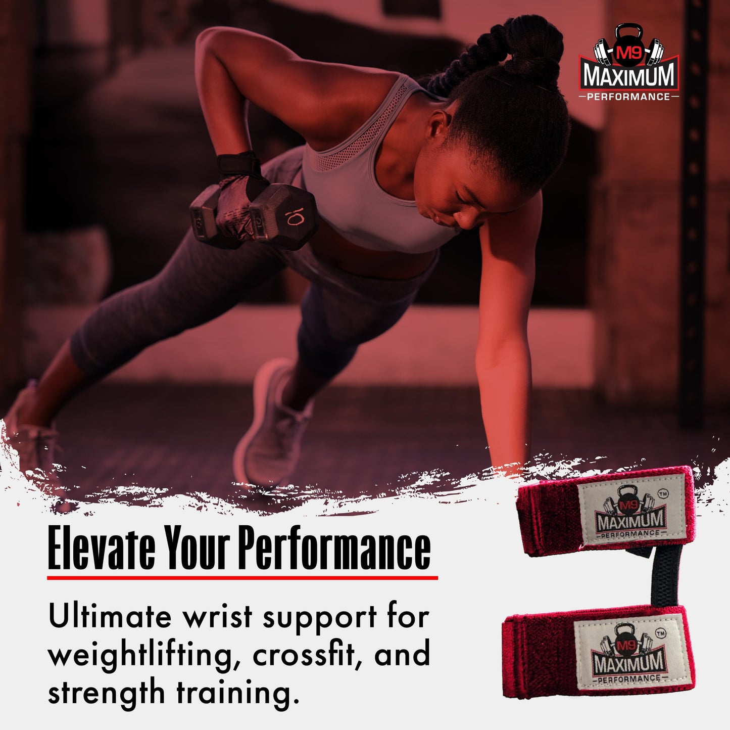 M9 Maximum Performance - Smart Watch Split Wrist Wraps for Men & Women, Wrist Straps for Weightlifting, Crossfit, Strength Training, Bodybuilding, Elastic with Thumb Loop, Gym Accessories, Red 12"