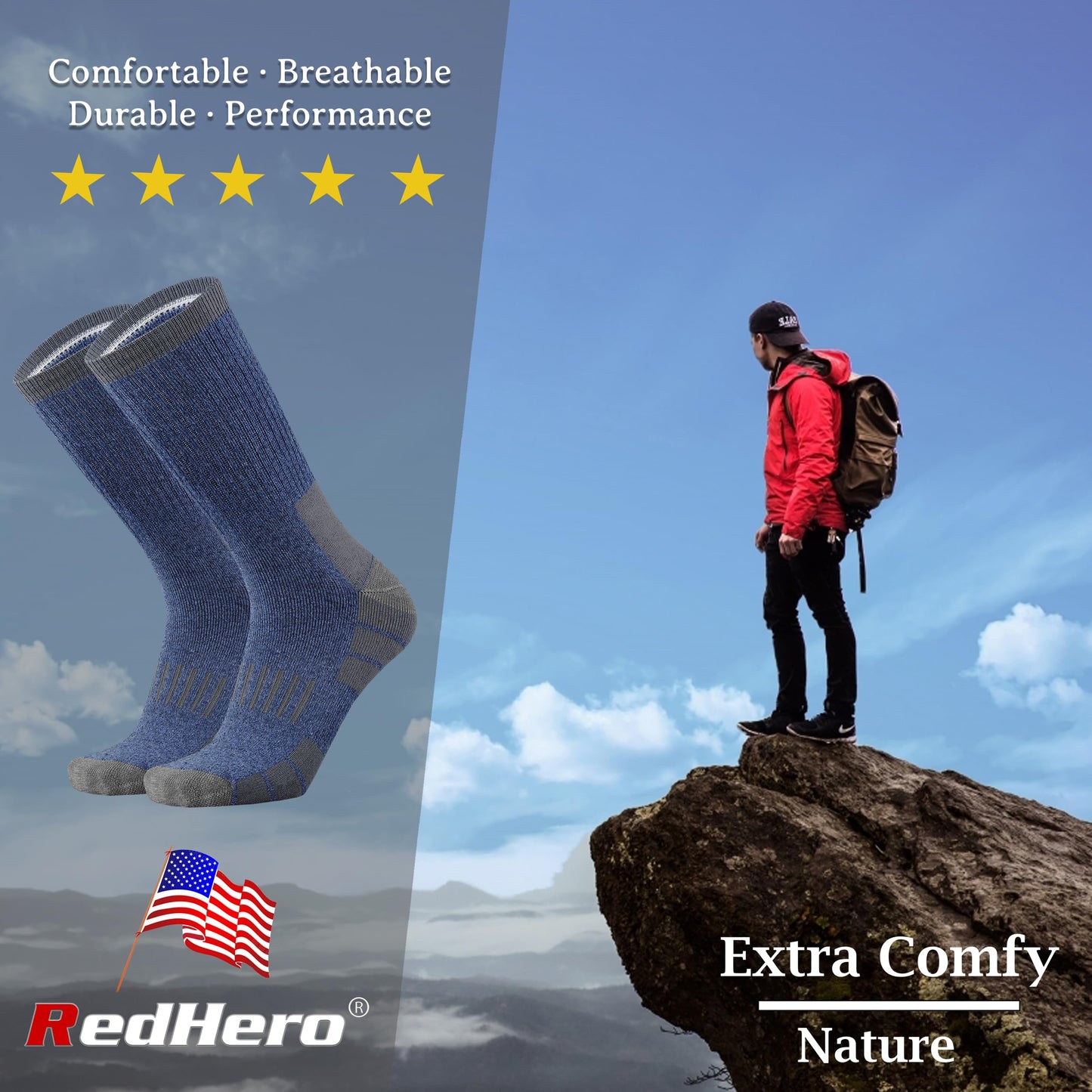RedHero Men's Cotton Heavy Thick Full Cushion Crew Socks Moisture Wicking Control Thermal Winter Athletic Steel Toe Work Boot(Denim XL)