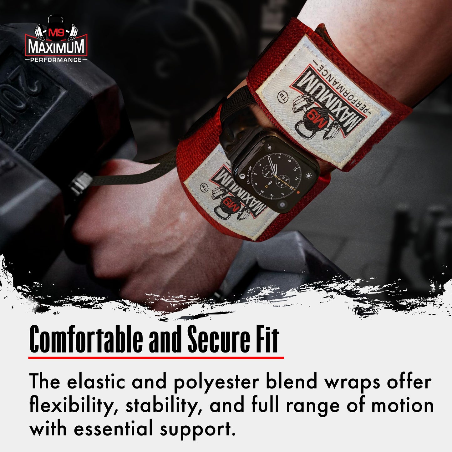 M9 Maximum Performance - Smart Watch Split Wrist Wraps for Men & Women, Wrist Straps for Weightlifting, Crossfit, Strength Training, Bodybuilding, Elastic with Thumb Loop, Gym Accessories, Red 12"