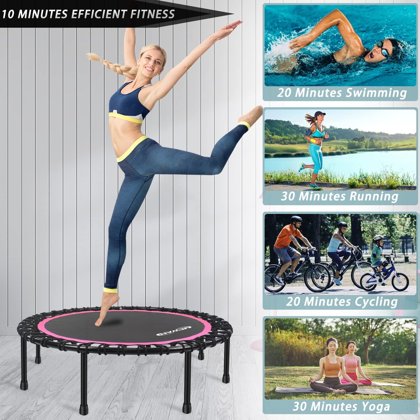 NEWAN 48'' Mini Trampoline for Adults,rebounder Trampoline, Silent Stable Exercise Fitness Trampoline for Adults Indoor Garden Workout,Max Load 330 lbs