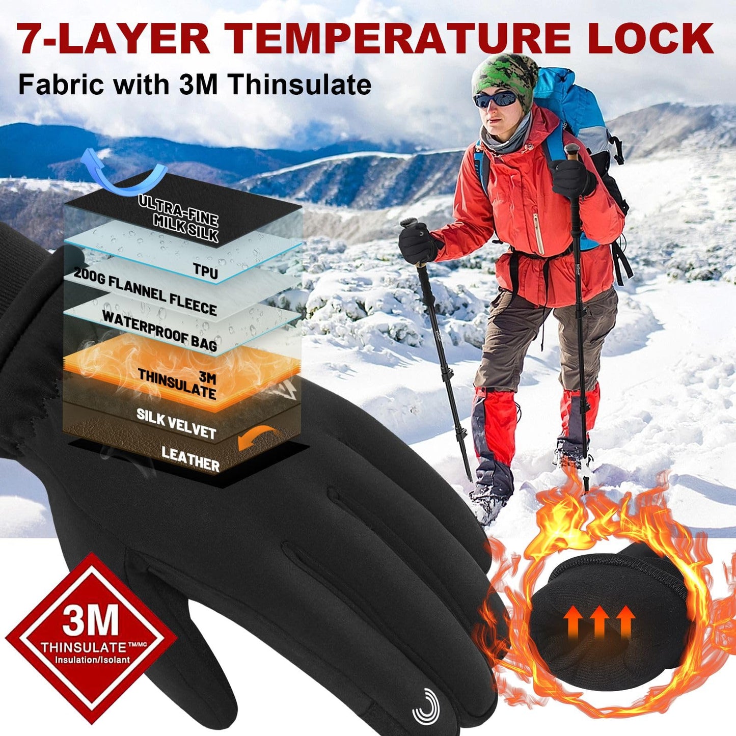 Waterproof Winter Gloves for Men & Women Thermal Snow Gloves for Cold Weather Warm Gloves Made with 3M Thinsulate Insulated Windproof Touchscreen Anti-Slip for Skiing Running Hiking Cycling Walking