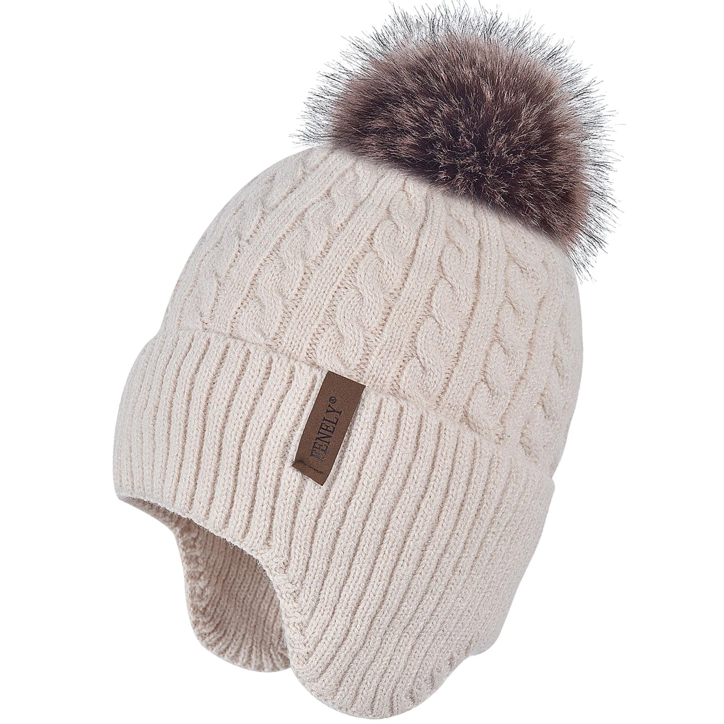 Women Winter Beanie Hat Knit Earflap Hats Warm Thick Fleece Lined Soft Skull Cap with Fashion Cute Faux Fur Pom Outdoor Indoor Beige Cold Weather Snow Ski Running