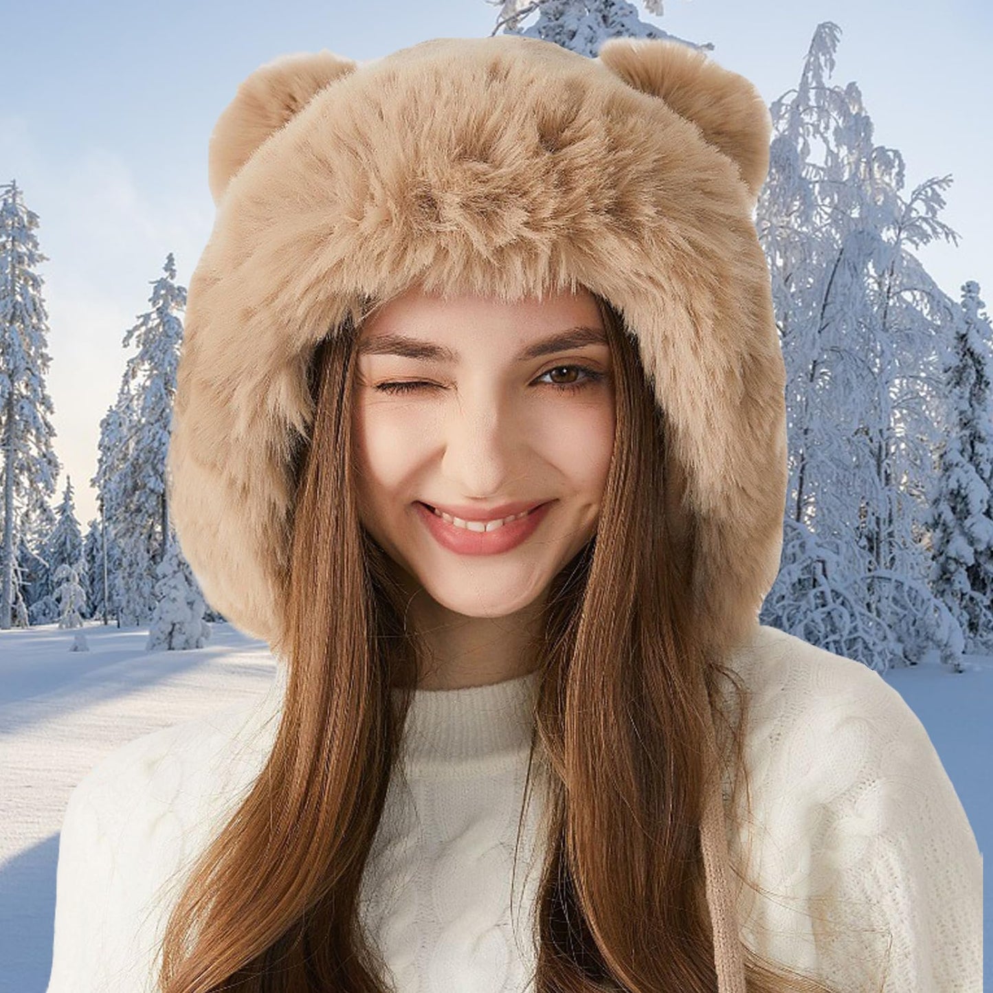 KAZZHA Winter Knitted Beanie with Pompom for Women Fluffy Fur Hat Fuzzy Skull Cap Warm Ear Flaps Ski Snow Hat Cute