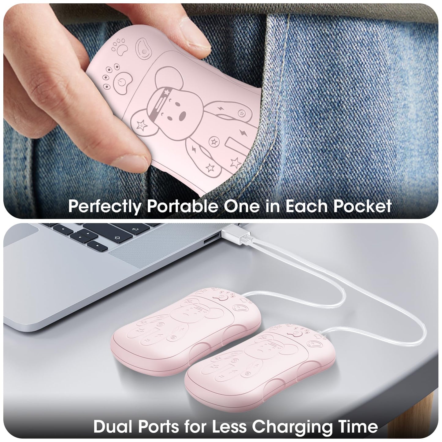 Rechargeable Hand Warmers 2 Pack, WXX 2 in 1 Electric Hand Warmer, 6000mAh Portable Pocket Warmers Dual-Sided Safe Heating, Electronic Winter Gifts for Men Women Kids, Golf, Outdoors, Fishing Pink