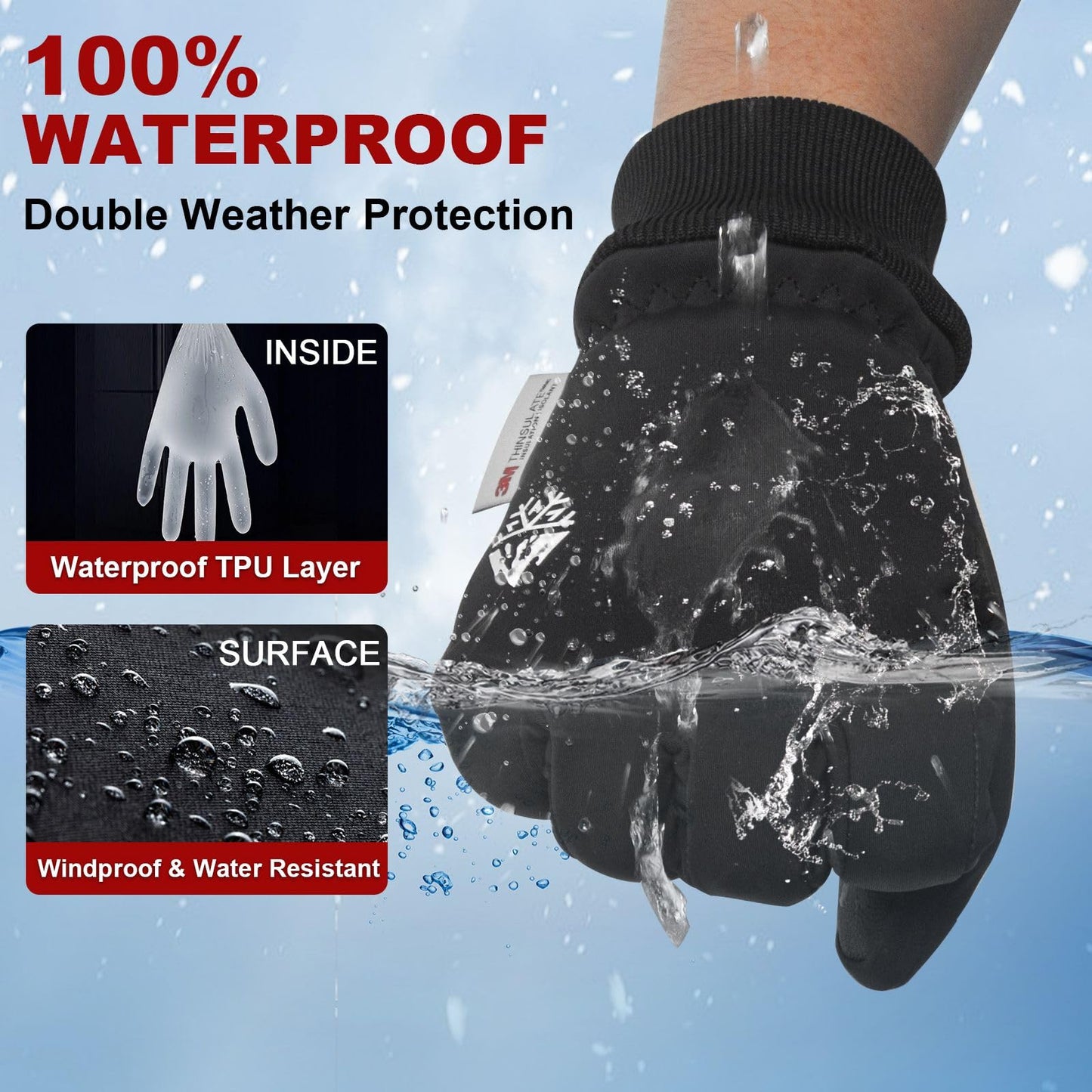 Waterproof Winter Gloves for Men & Women Thermal Snow Gloves for Cold Weather Warm Gloves Made with 3M Thinsulate Insulated Windproof Touchscreen Anti-Slip for Skiing Running Hiking Cycling Walking