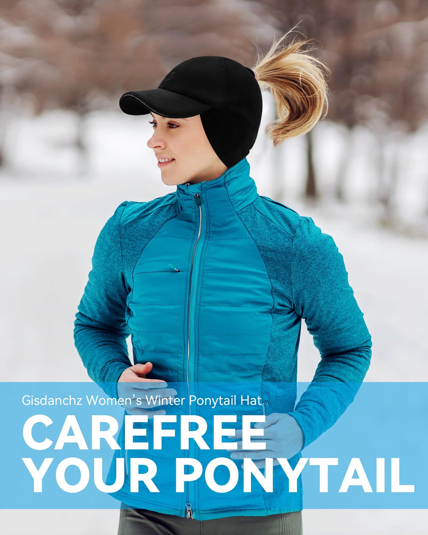 Gisdanchz Winter Running Gear for Women, Cold Weather Running Hat with Ponytail Hole Winter Ponytail Hat with Ear Flaps for Women Ladies Reflective Running Accessories Baseball Hat, Black XS/S