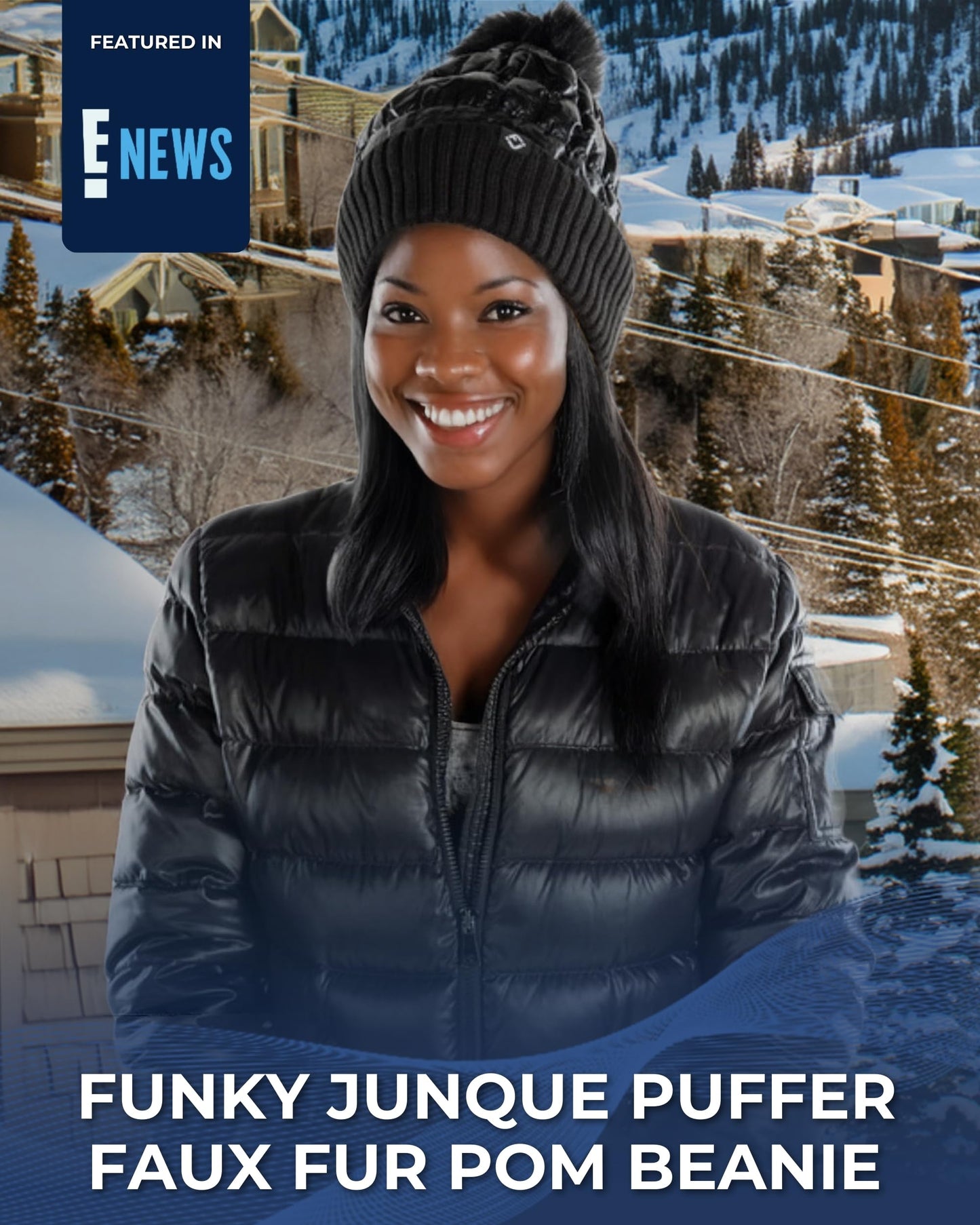 Funky Junque Faux Fur Pom-Pom Beanie, Sparkly Beanie for Women Premium Blend of Polyester and Acrylic, Puffer-Like Baffling, Knit Cuff, Winter Hat with Real Fur Mom Pom Sparkly Beanie Hat (Black)