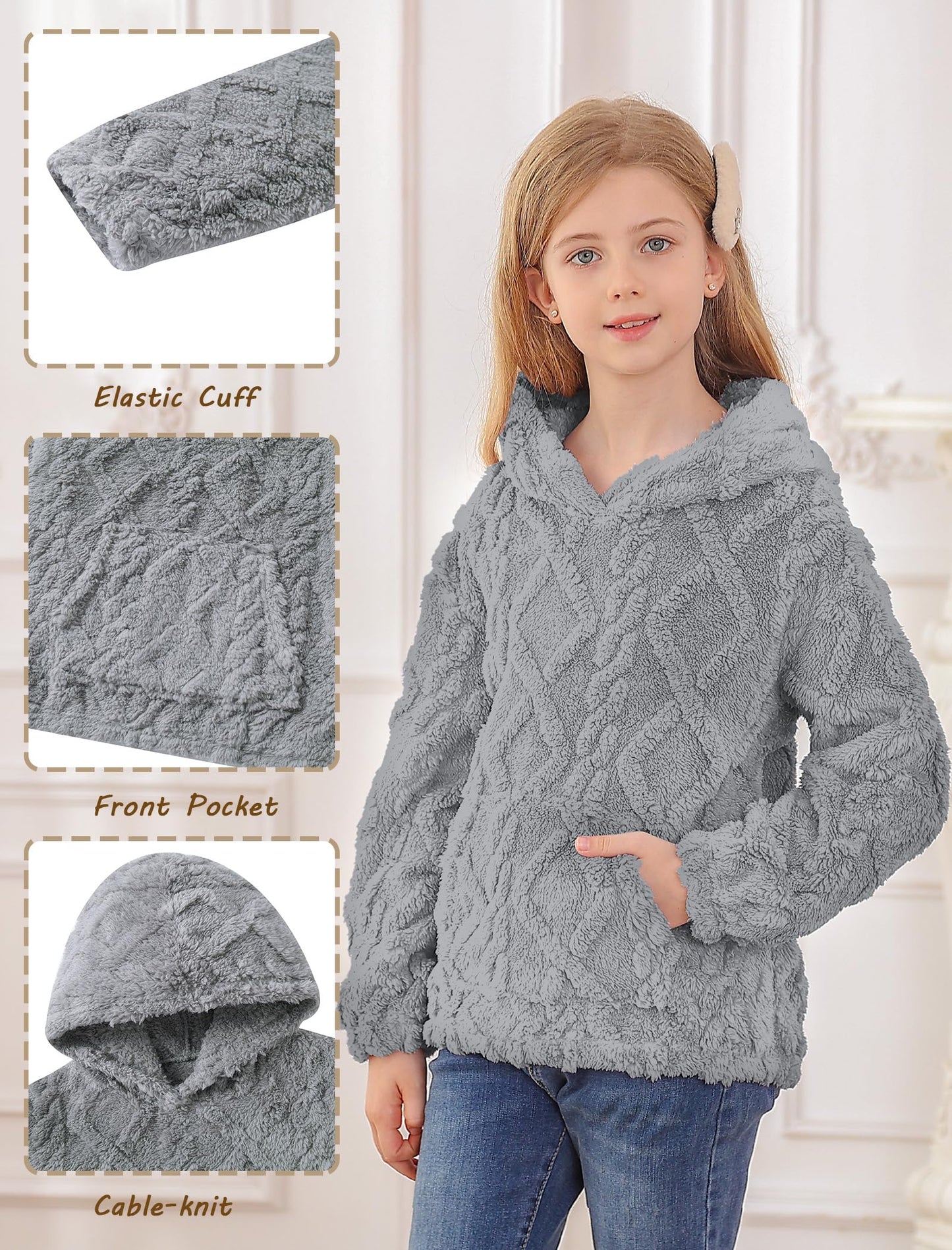 TUONROAD Girls Fuzzy Fleece Hoodies 8 9 Years Children Cable Knit Sherpa Pullover Sweatshirt with Pocket Girl's Winter Warm Teddy Jacket Coat Grey Size 8 10