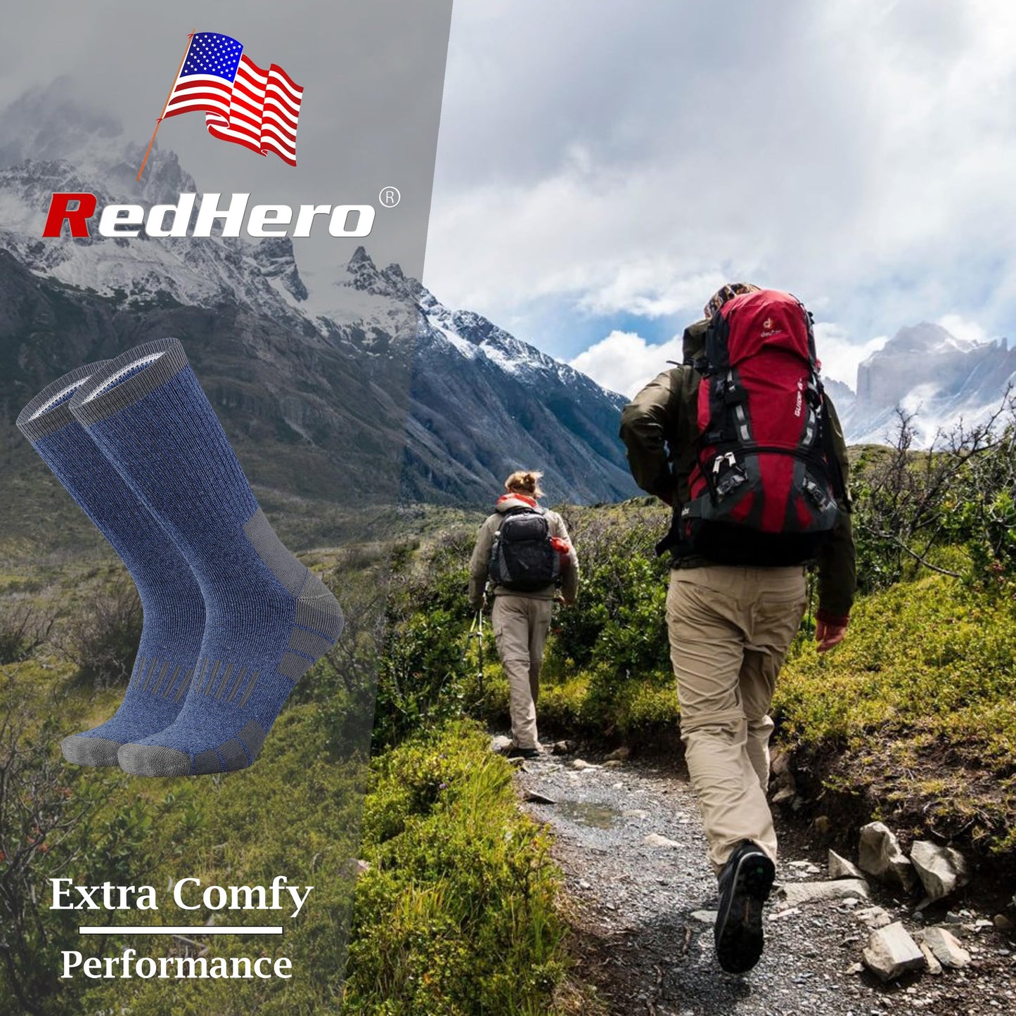RedHero Men's Cotton Heavy Thick Full Cushion Crew Socks Moisture Wicking Control Thermal Winter Athletic Steel Toe Work Boot(Denim XL)