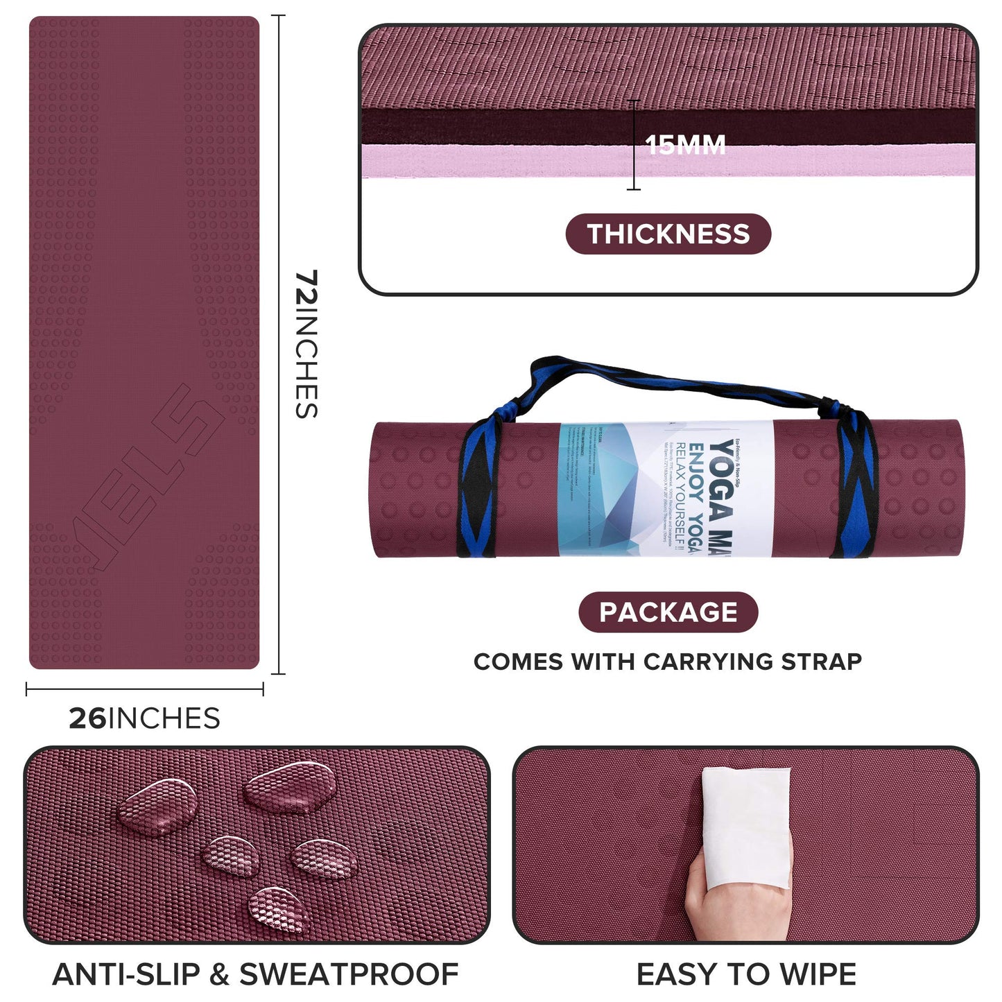 JELS Extra Thick Yoga Mat, 1.2/2 inch, Ergonomic 3D Non Slip Design, SGS Certified TPE Material, Yoga Mat for Men Women with Carrying Strap,Exercises Mat for Yoga, Pilates and Floor Workout(72"x26")