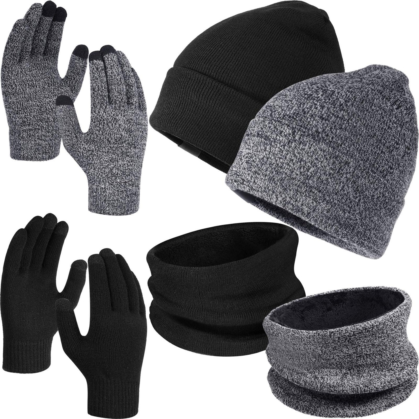 6 Pieces Winter Beanie Hat Scarf Touchscreen Gloves Neck Warm Knitted Fleece Lined for Men and Women Black, Grey