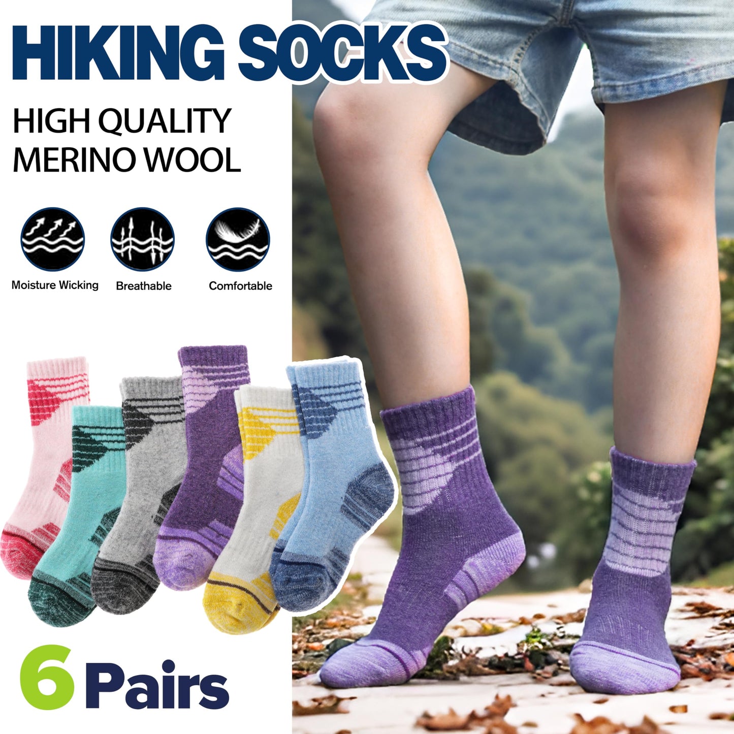 ANTSANG Kids Merino Wool Hiking Socks Boys Girls Toddlers Thermal Warm Winter Thick Cushion Snow Ski Crew Youth Socks 6 Pairs Gift Stocking Stuffers(Assorted,12-15 Years)