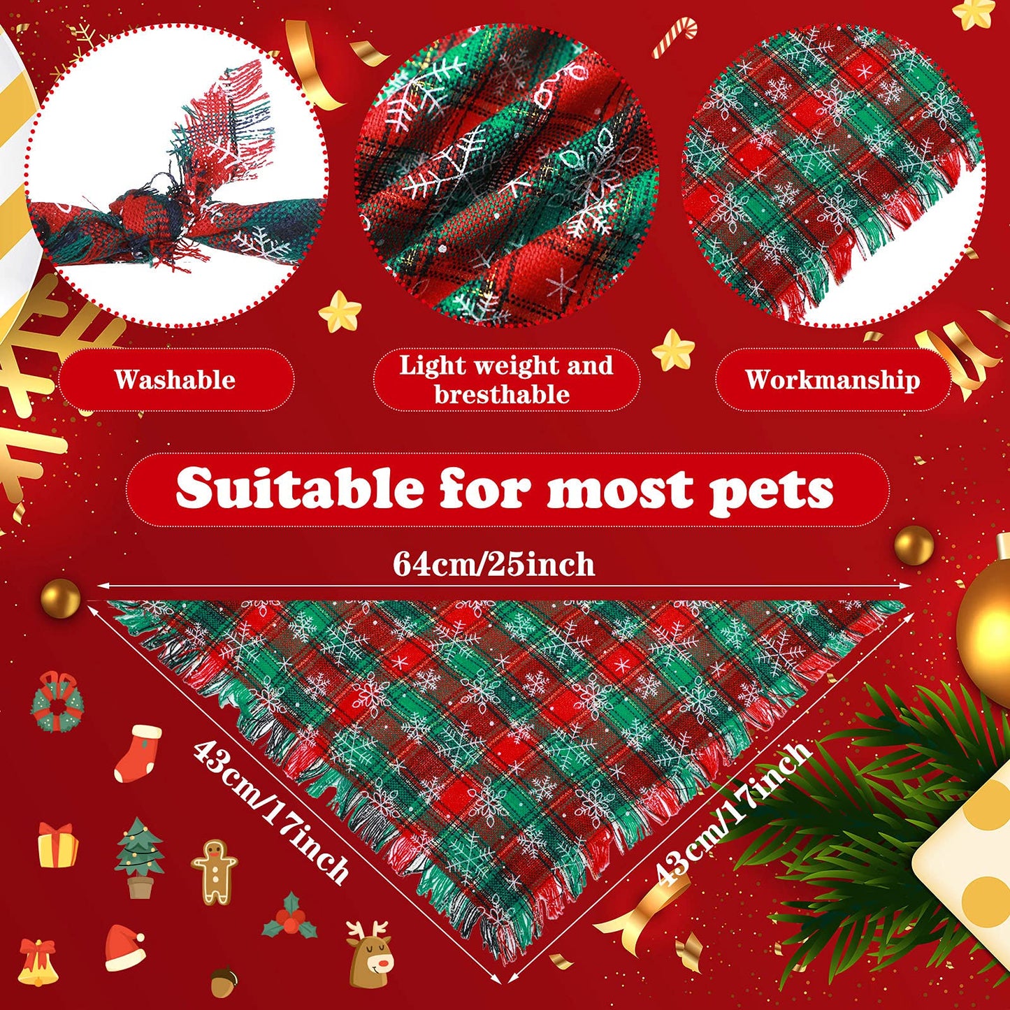 16 Pieces Christmas Dog Bandanas Bulk Classic Plaid Pet Scarf Triangle Puppy Bibs Kerchief Tassels Checked Handkerchief Winter Xmas Grooming Adjustable Accessories for Small Medium Large Dogs Cats