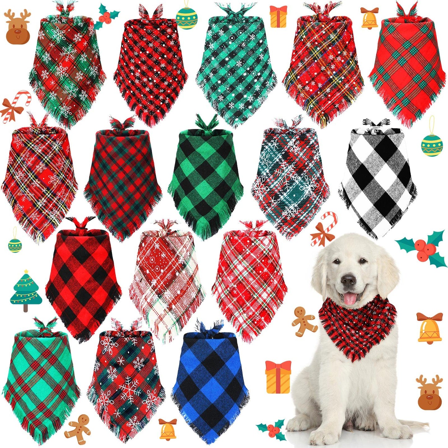 16 Pieces Christmas Dog Bandanas Bulk Classic Plaid Pet Scarf Triangle Puppy Bibs Kerchief Tassels Checked Handkerchief Winter Xmas Grooming Adjustable Accessories for Small Medium Large Dogs Cats