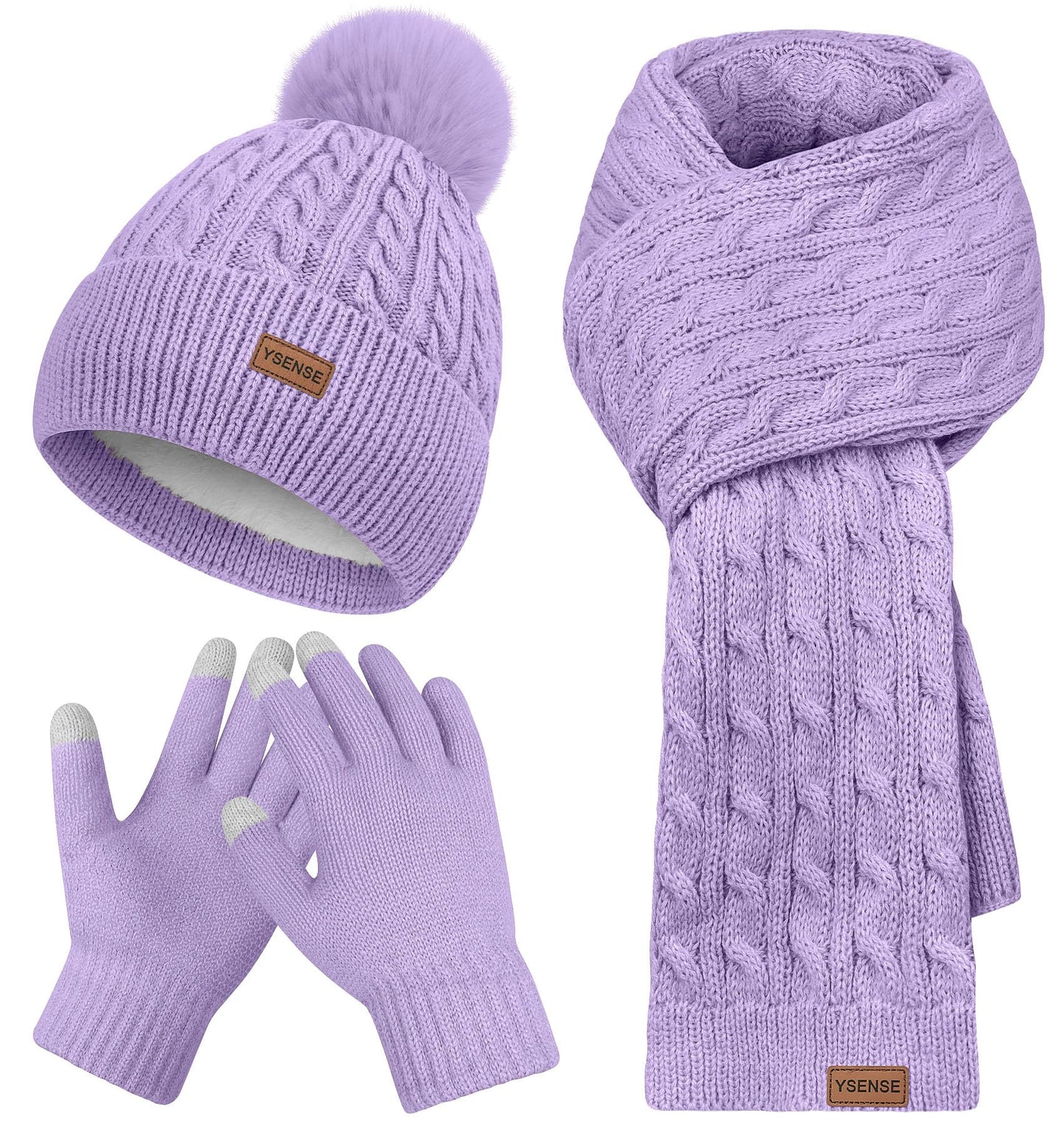 YSense 3 Pieces Womens Winter Beanie Hat Scarf Gloves Set Knitted Hat with Pom Pom Warm Long Scarf Touchscreen Gloves