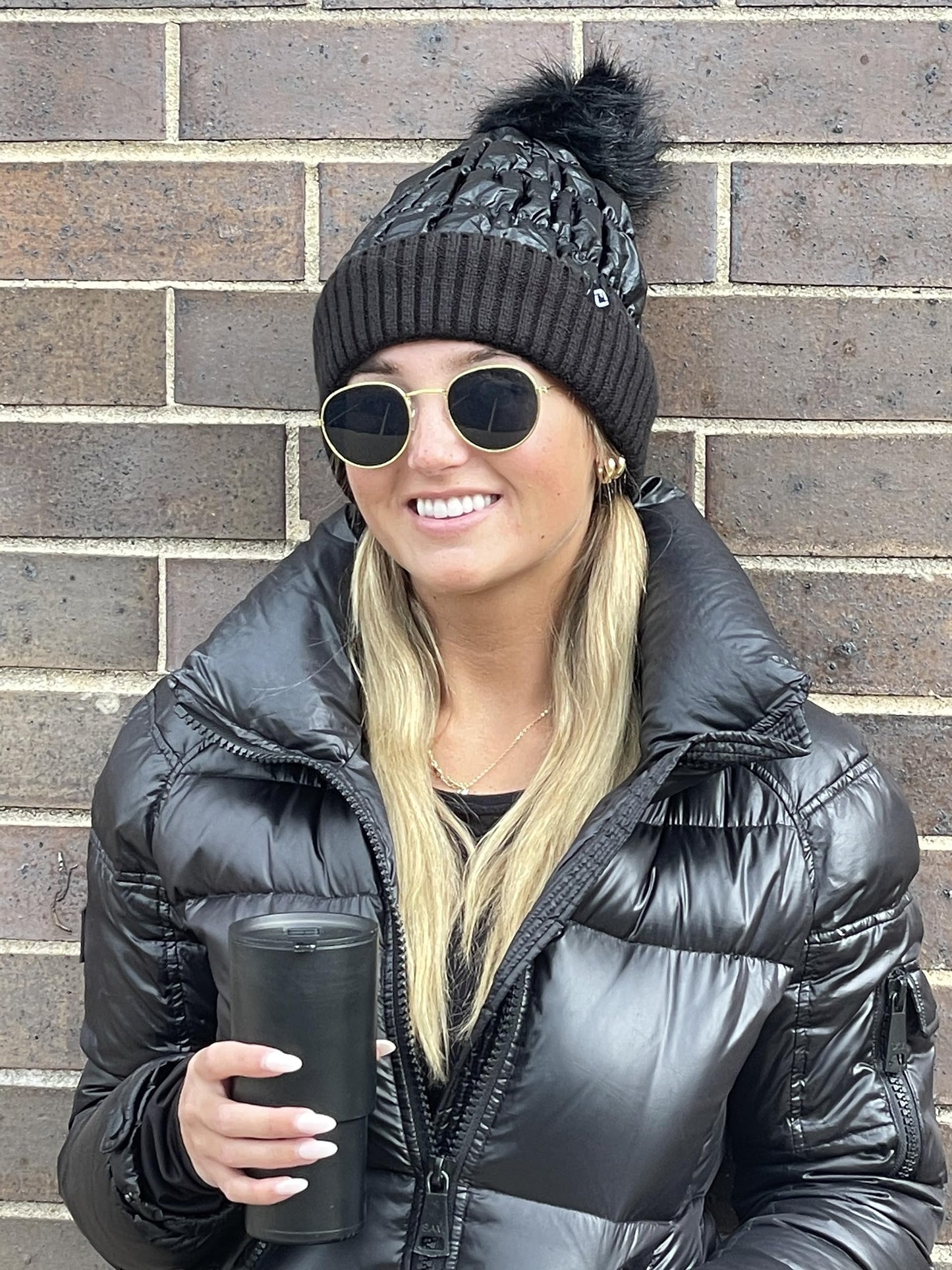 Funky Junque Faux Fur Pom-Pom Beanie, Sparkly Beanie for Women Premium Blend of Polyester and Acrylic, Puffer-Like Baffling, Knit Cuff, Winter Hat with Real Fur Mom Pom Sparkly Beanie Hat (Black)