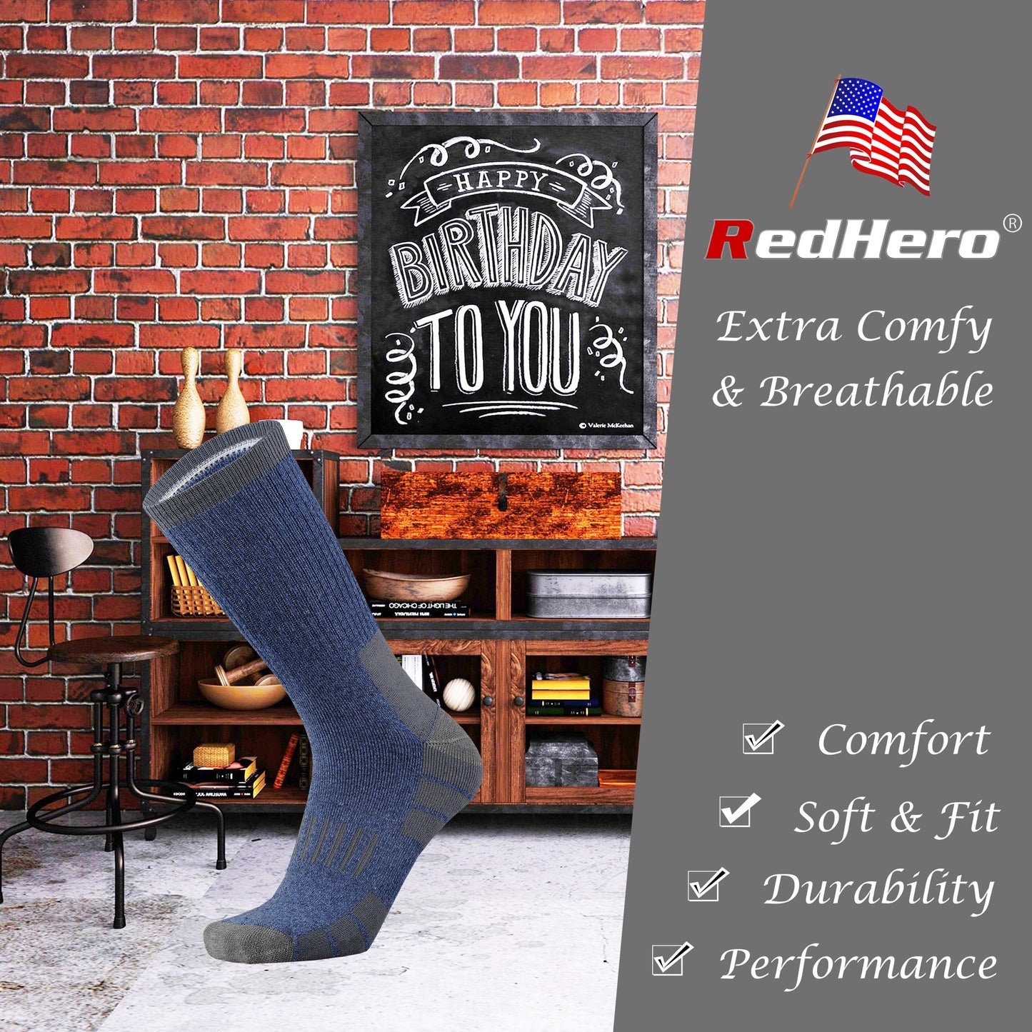 RedHero Men's Cotton Heavy Thick Full Cushion Crew Socks Moisture Wicking Control Thermal Winter Athletic Steel Toe Work Boot(Denim XL)