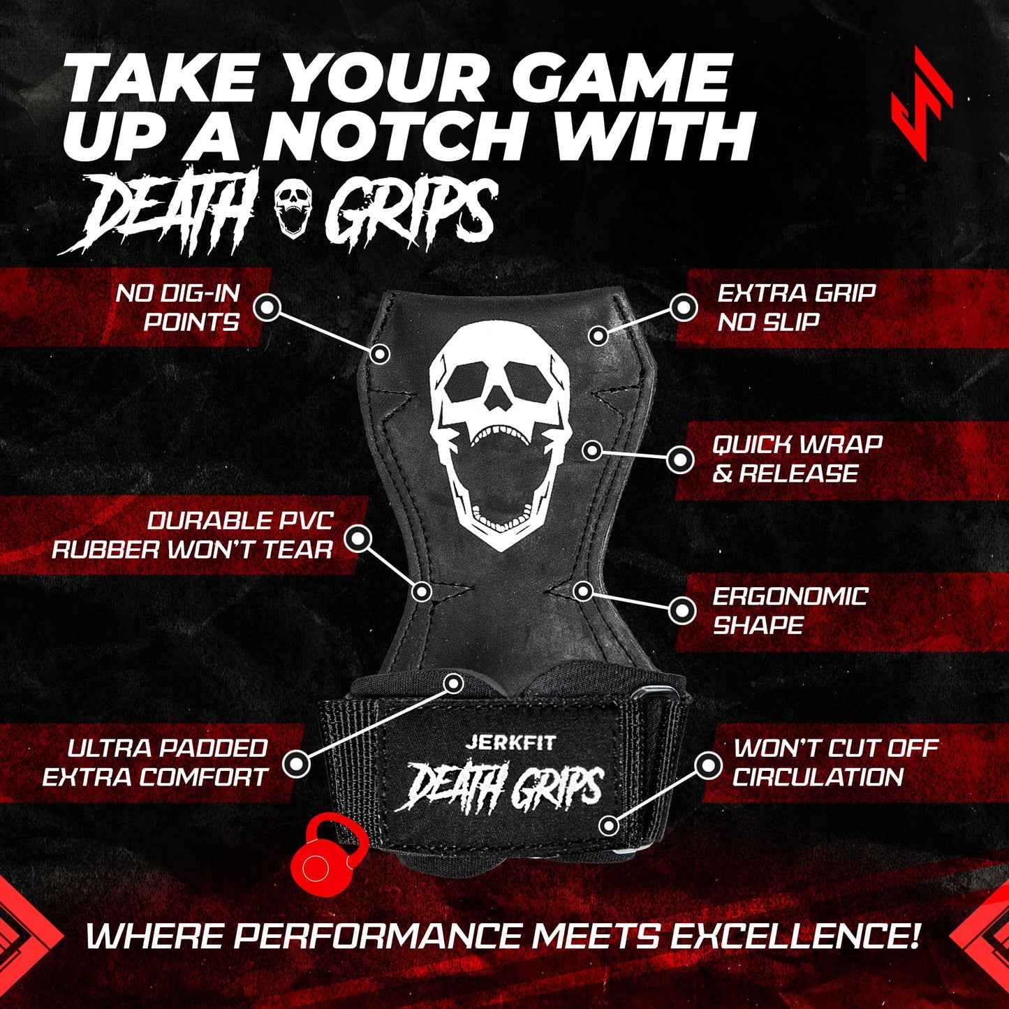 JerkFit Death Grips, Lifting Straps for Deadlifts, Pull Ups, and Heavy Shrugs, with Padded Support, Palm Protection & Increased Grip for Heavy Pull Lifts (Large)