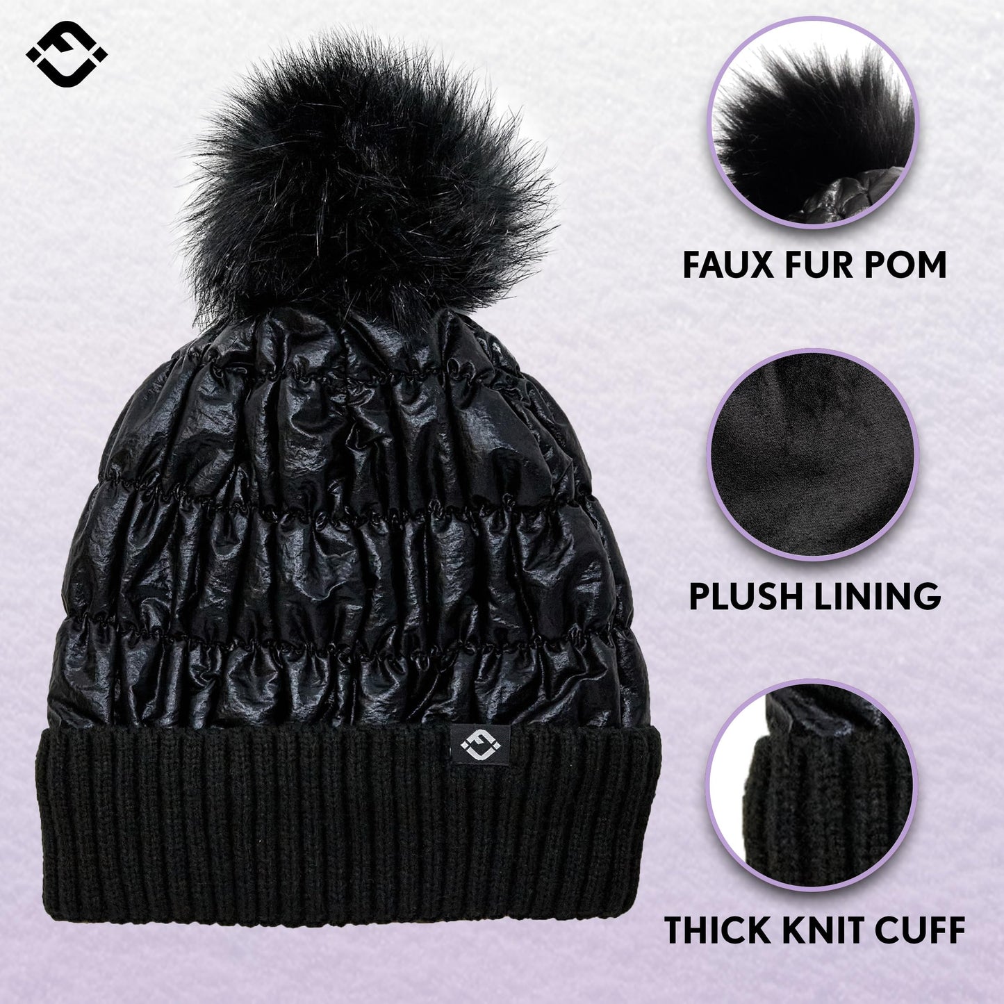Funky Junque Faux Fur Pom-Pom Beanie, Sparkly Beanie for Women Premium Blend of Polyester and Acrylic, Puffer-Like Baffling, Knit Cuff, Winter Hat with Real Fur Mom Pom Sparkly Beanie Hat (Black)