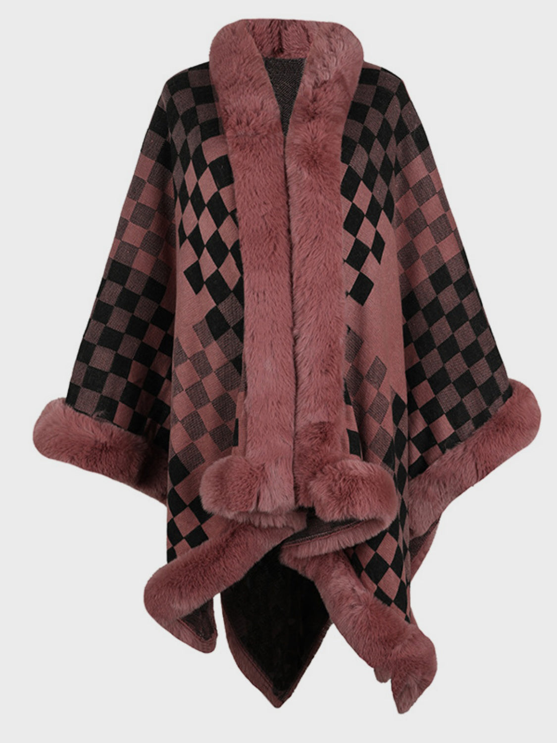 Fuzzy Checkered Long Sleeve Poncho