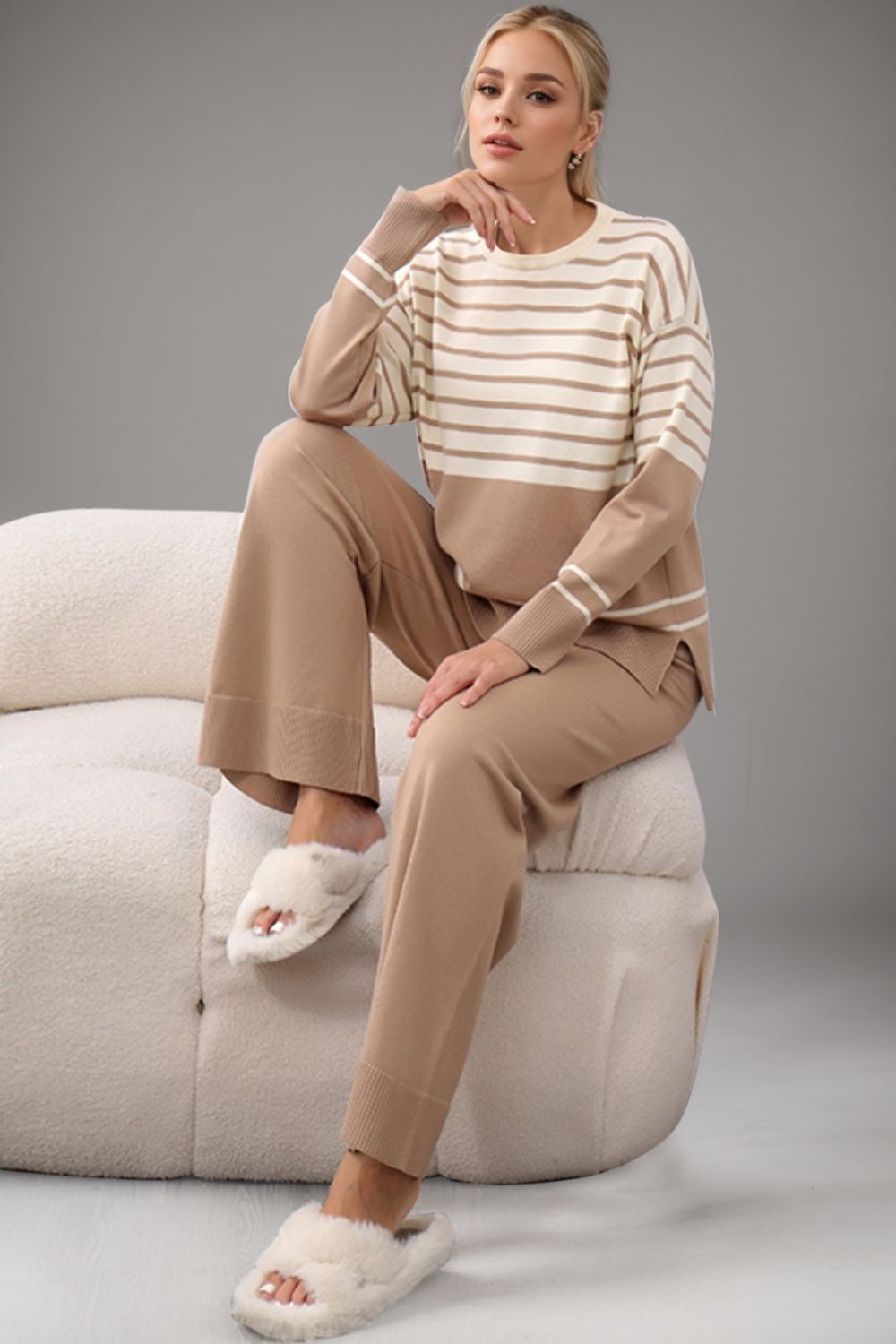 Basic Bae Striped Round Neck Long Sleeve Top and Pants Sweater Set