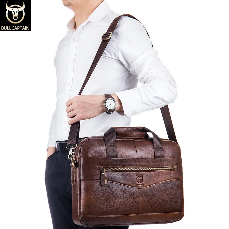 BULLCAPTAIN Men's Leather Briefcase Laptop Bag