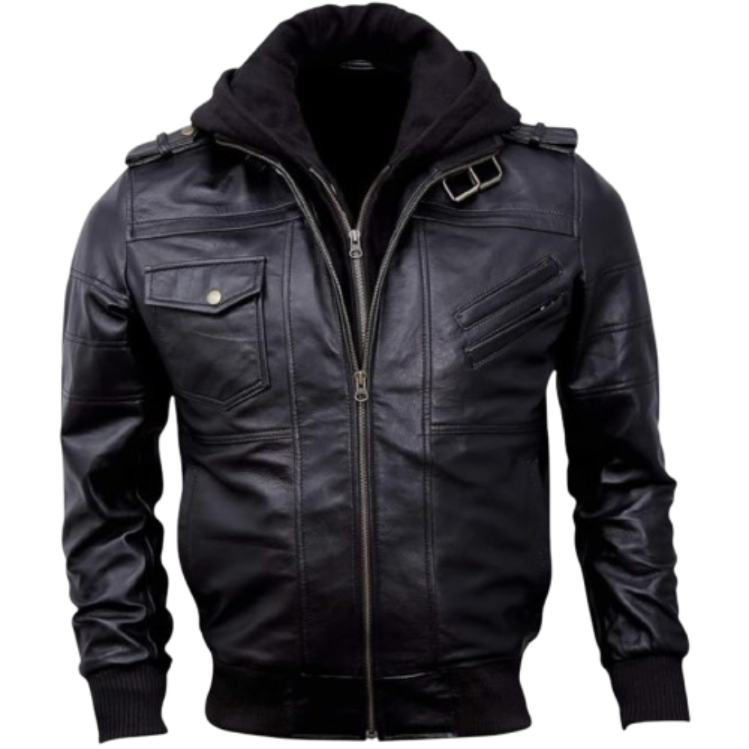 Leather Jacket with Hood for Men Black Bomber Jackets