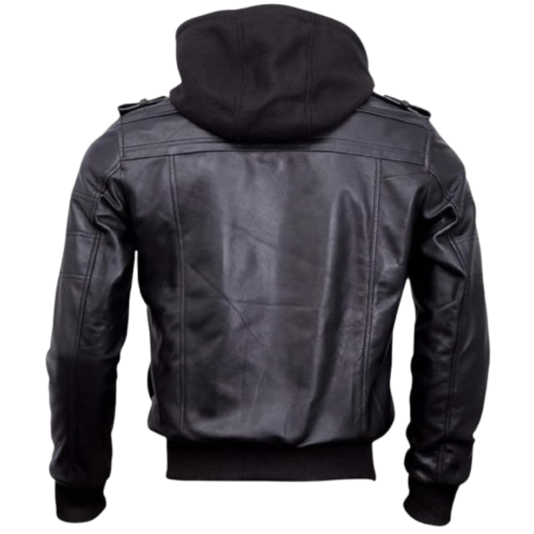 Leather Jacket with Hood for Men Black Bomber Jackets