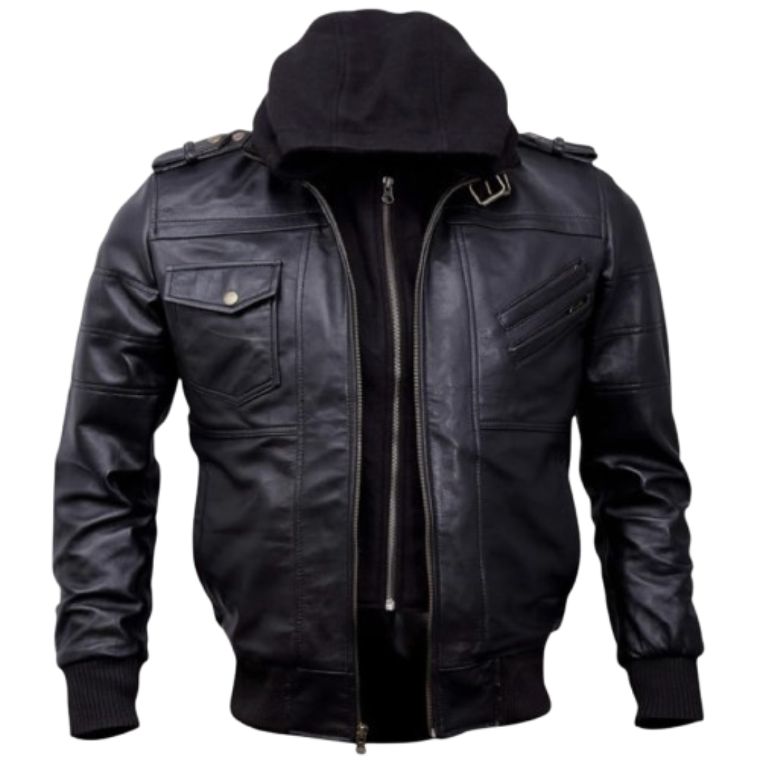 Leather Jacket with Hood for Men Black Bomber Jackets