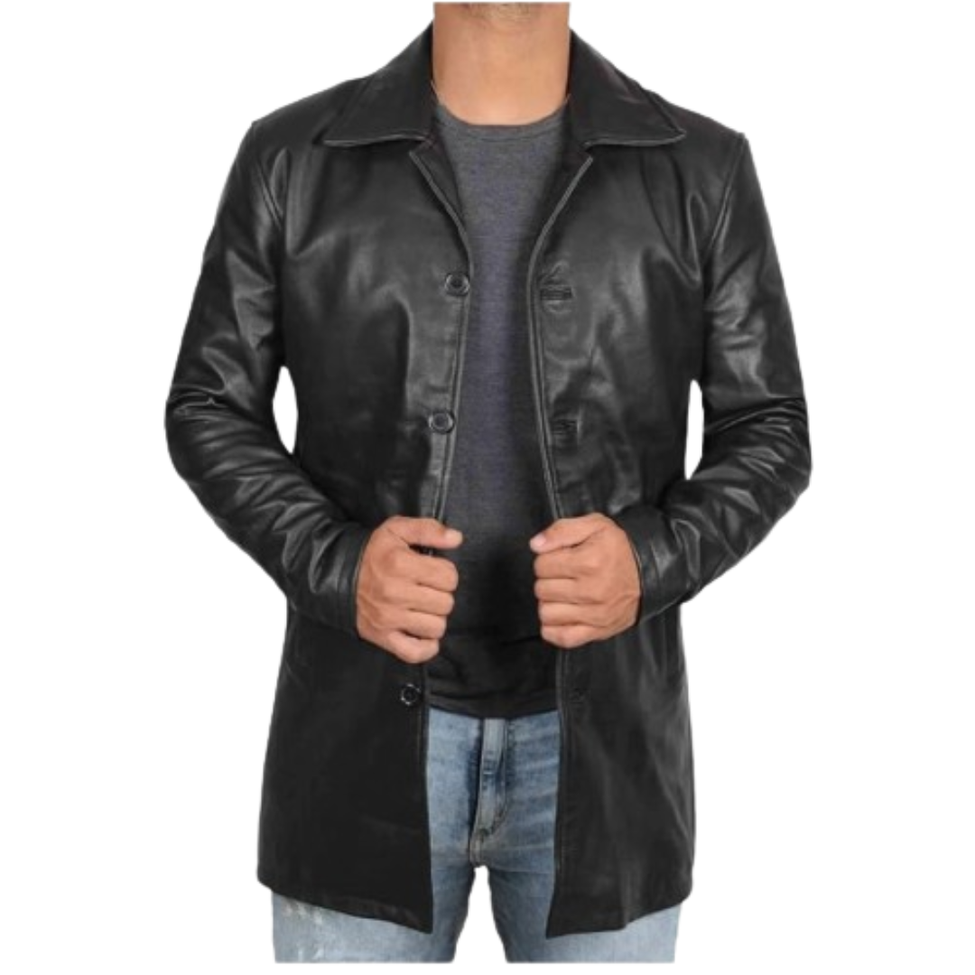 Long Leather Jacket For Men Black Bomber Jackets