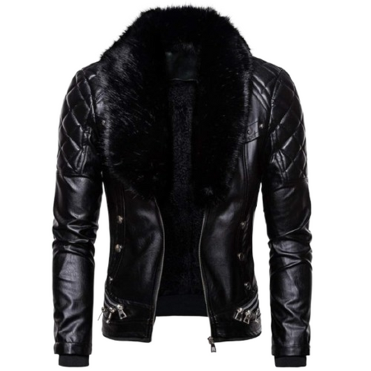 Men's Faux Fur Leather Jacket Black Bomber Jackets