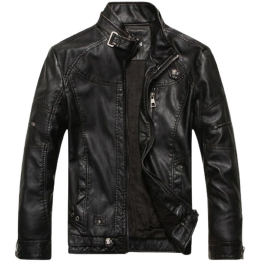 Men's Vintage Stand Collar Pu Leather Jacket Black Bomber Jackets