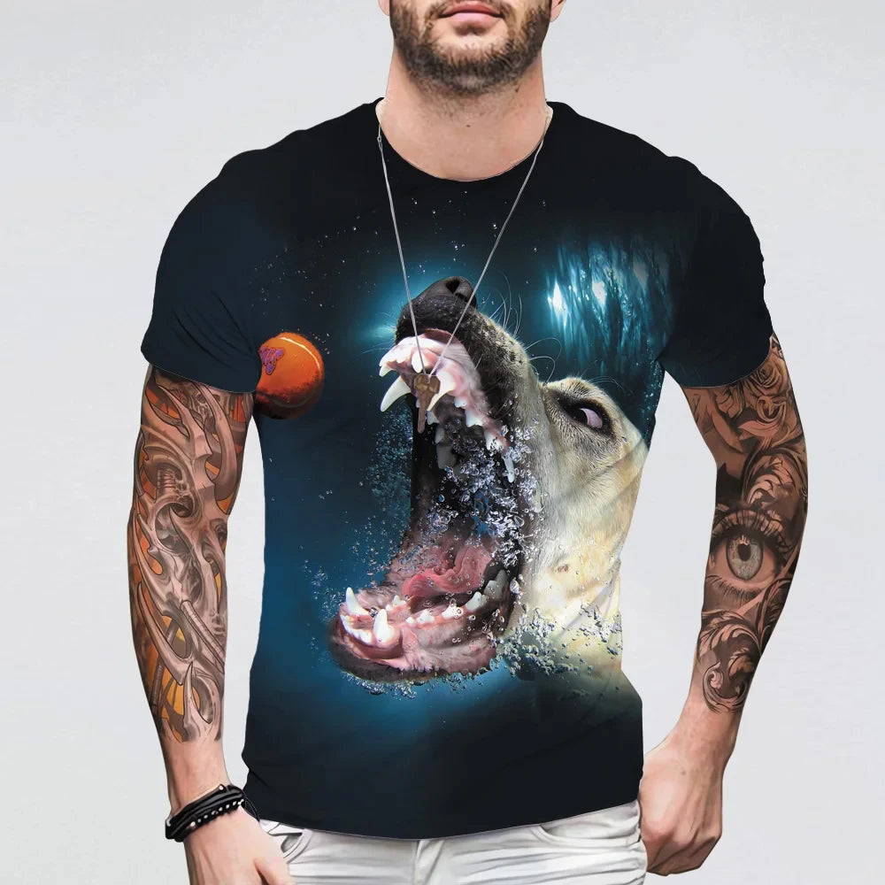 Summer Funny Underwater Dog 3D Print T-Shirts Streetwear Men Casual Oversized O-Neck Short Sleeved T Shirt Tees Tops Clothing