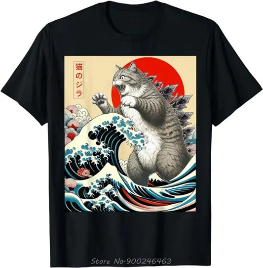 Catzilla Cat Japanese Art Funny Cat Gifts For Women T-Shirt Unisex Cotton Tshirt O-neck Tops Tees Fashion Fitness T Shirt