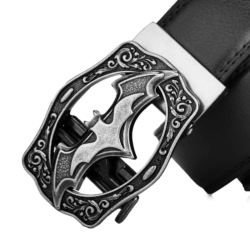 Vintage Bat Silver Gold Automatic Buckle Leather Belt for Men