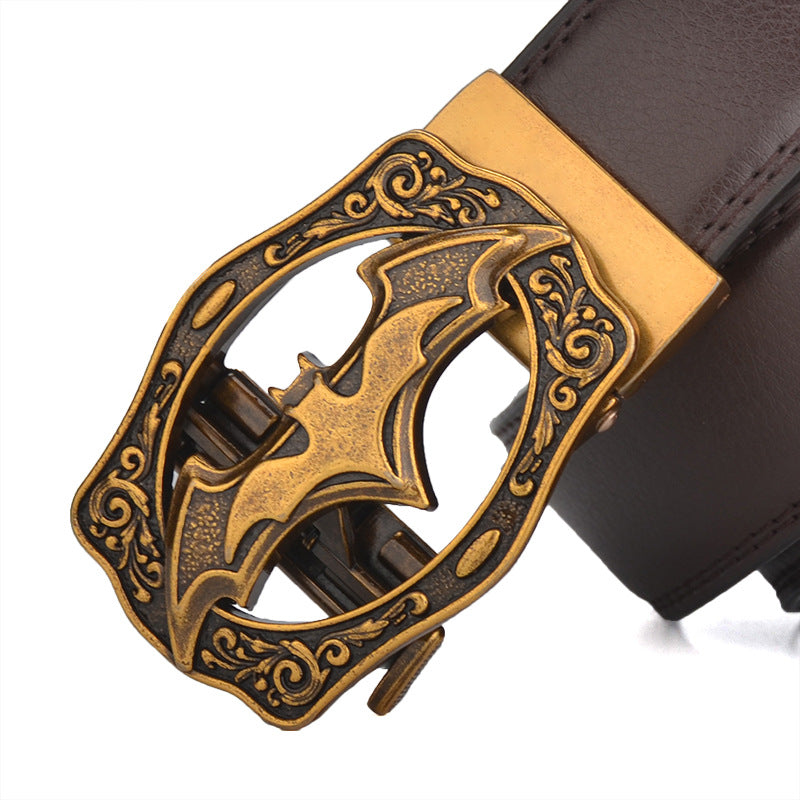 Vintage Bat Silver Gold Automatic Buckle Leather Belt for Men