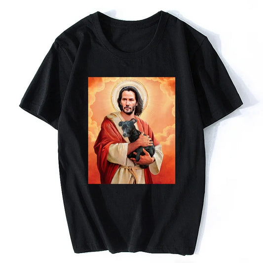 Keanu Reeves Holding A Puppy T Shirt Keanu Reeves Dog Keanu Reeves Jesus T-shirt Poster Artwork Tees Cotton Tops Clothing