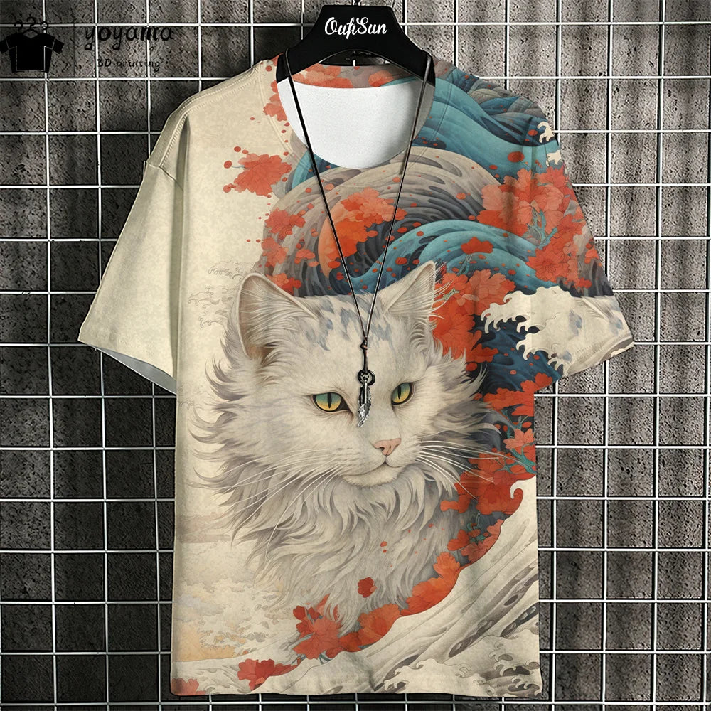 Cat Print Animal Graphic T shirts Summer Short Sleeve Tee Oversize T-shirt Harajuku Stylish Mens Clothing Street Y2k Clothes Top