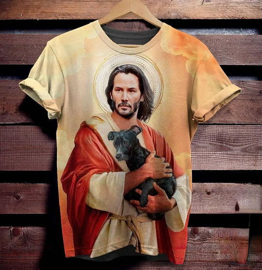 Funny Jesus and Dog Printed T-shirt Harajuku Streetwear T Shirts Hip Hop Men For Women Short Sleeve Tops