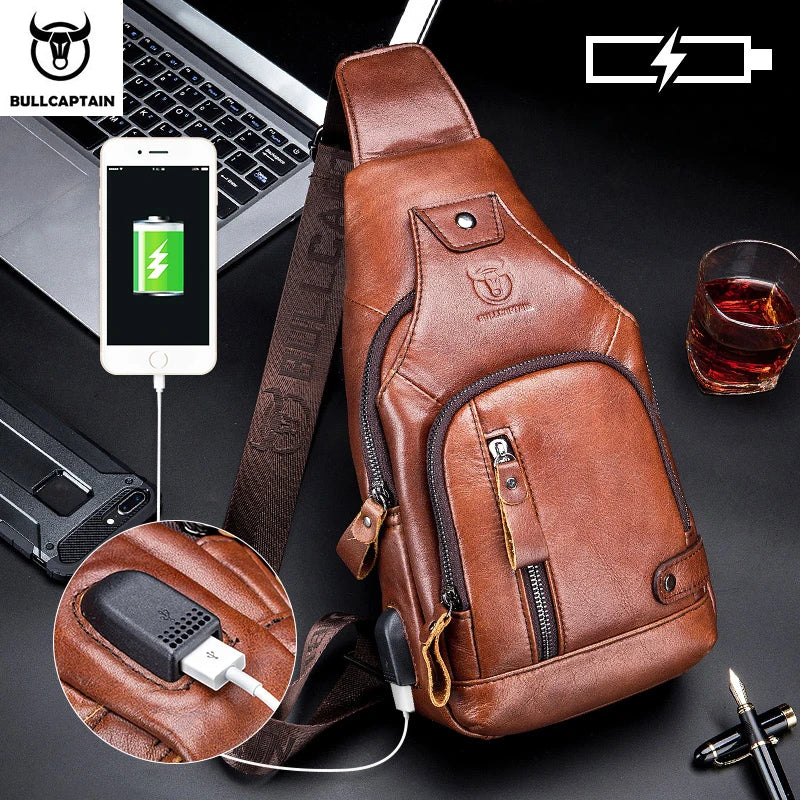 Bullcaptain Leather  Men's Shoulder Bag  with USB Port