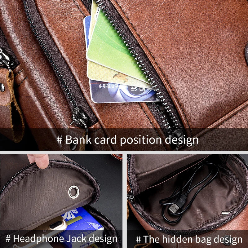 Bullcaptain Leather  Men's Shoulder Bag  with USB Port