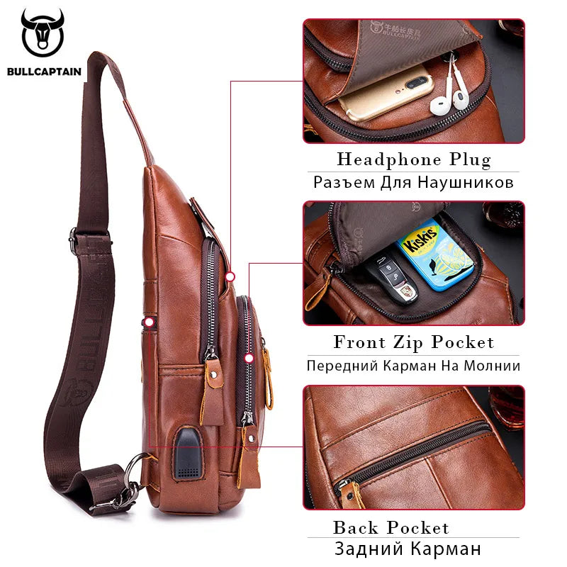 Bullcaptain Leather  Men's Shoulder Bag  with USB Port